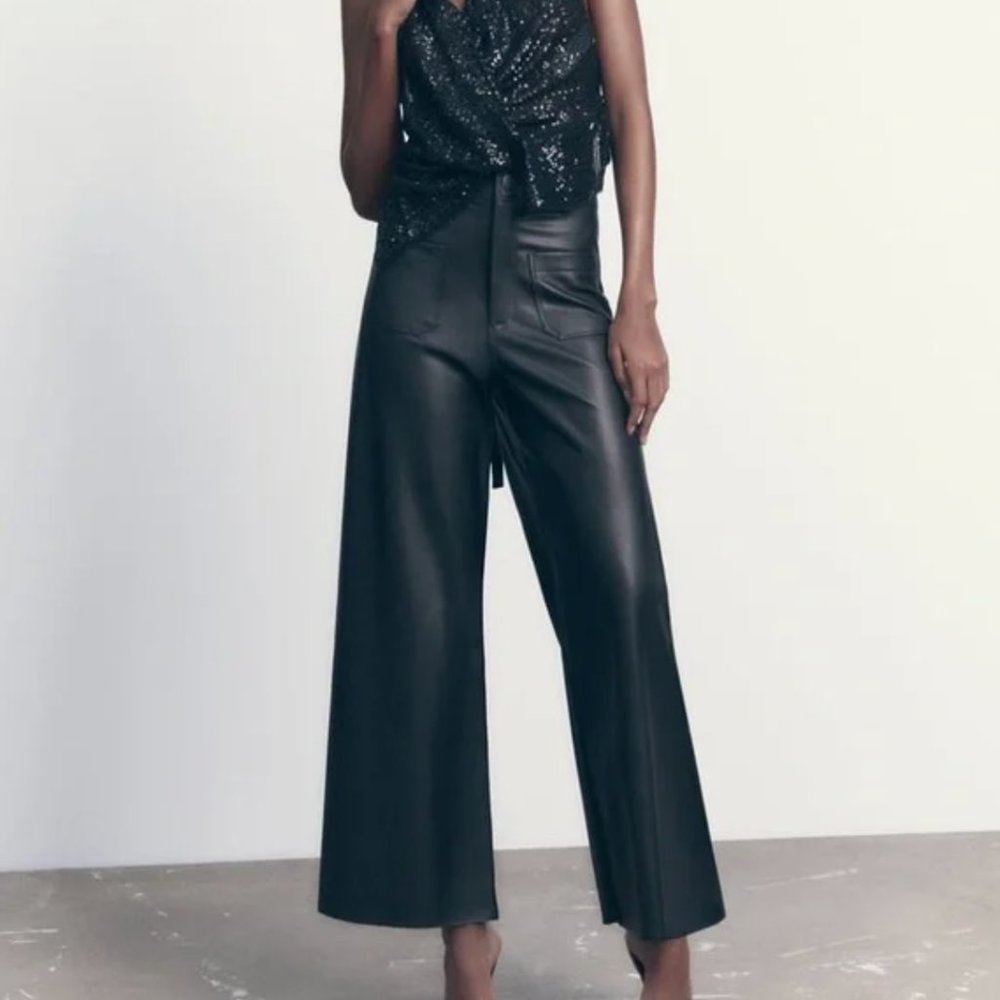Zara Women's High Rise Wide Leg Marine Faux Leather Pants Size 6